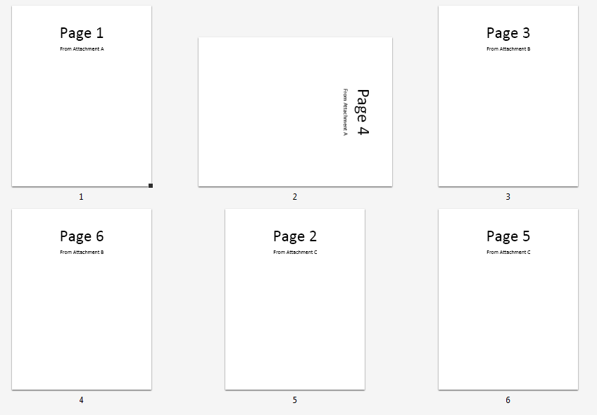 Image of pages imported in to Adobe Acrobat Pro; pages are in incorrect order based on numbering and some are oriented as portrait and others as landscape.