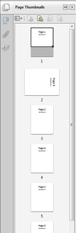 Screenshot of Adobe Acrobat Pro; Page thumbnails menu shows the order of imported pages; pages numbered do not match their positioning.