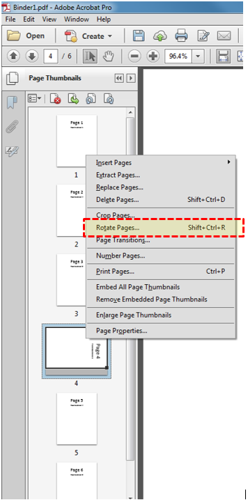 Screenshot of Adobe Acrobat Pro; menu item highlighted 'rotate pages'