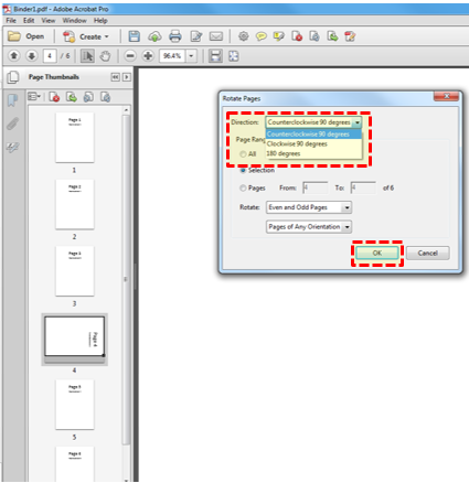 Screenshot of Adobe Acrobat Pro; highlighted 'counterclockwise 90 degrees' and 'ok' button