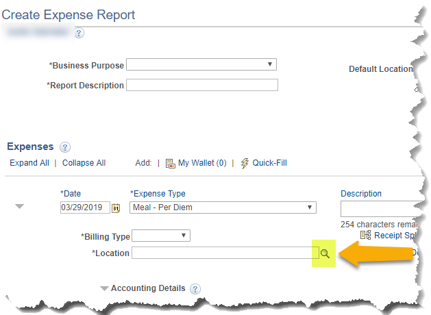 Screenshot depicting search tool for expense report description information