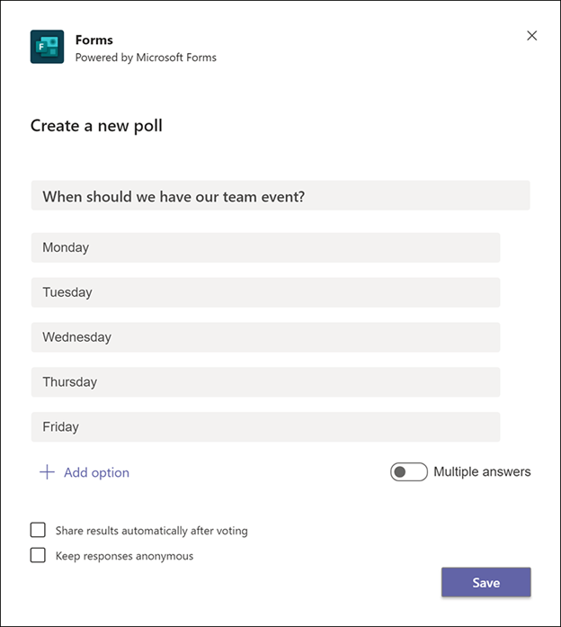 Sample poll form screenshot in MS Teams