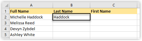 Screenshot of MS Excel with three columns: full name, last name, first name. Only one last name is populated in the 'last name' column.