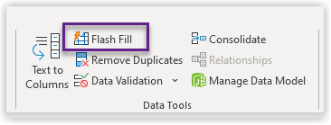 Screenshot of MS Excel 'data tools' menu 'flash fill' item