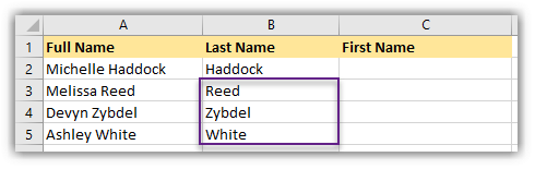 Screenshot of MS Excel with three columns: full name, last name, first name. The last name column is populated with the last name noted in the 'full name' column.