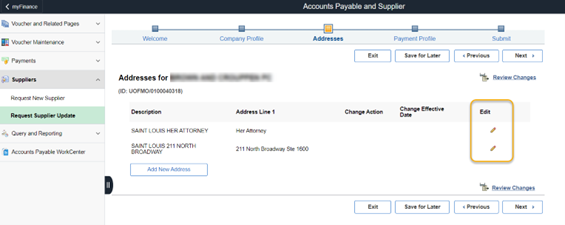 Screenshot of Accounts Payable portal showing supplier address module