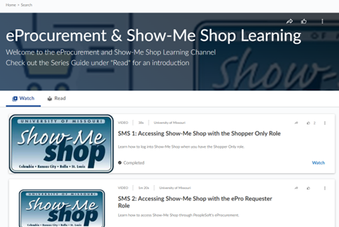 Screenshot of Percipio showing "eProcurement & Show Me Shop Learning" channel