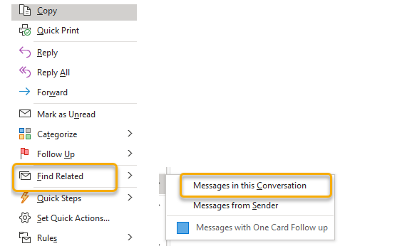 Screenshot of Outlook's inbox right-click menu