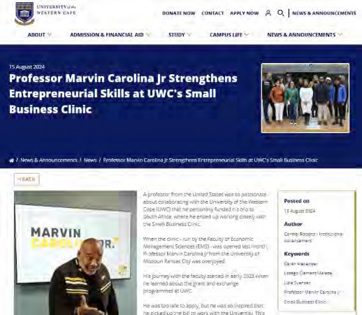 Professor Marvin Carolina Jr Strengthens Entrepreneurial Skills at UWC's Small Business Clinic