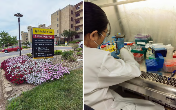 The MU health care that houses the department of medicine. Prof Sun conducting <em>microtiter-based </em>anti-biofilm assays in her laboratory