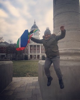 Johan taking a traditional jump off of the Mizzou columns.