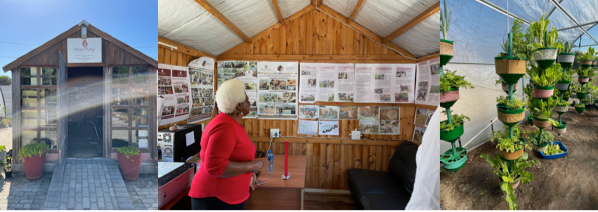 The scenes from Mhani Gingi. Far left: the entrance of the main office, Center: Director Lillian explains the organization's history, Far right: the indoor vertical growing practice in a high tunnel.