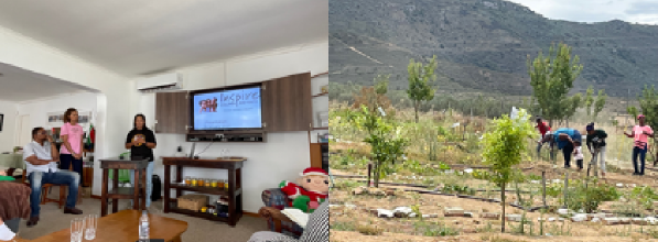 The scenes from the Middlepos Farm. Left: Ms. Ingrid gave participants a presentation on their Inspire program; right: Women were working on growing at the grape farm.