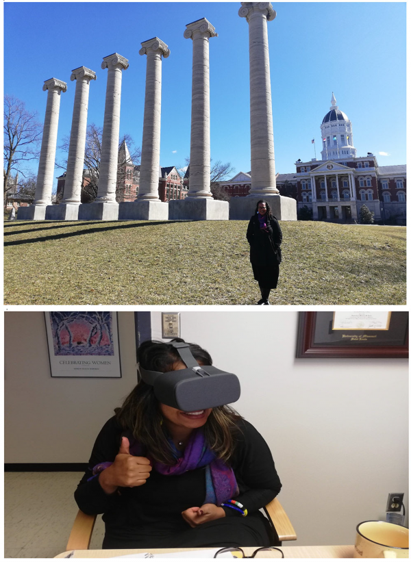 Pictured with the MU columns, and trying out a VR headset