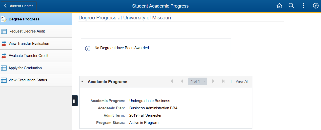 screenshot of academic progress module