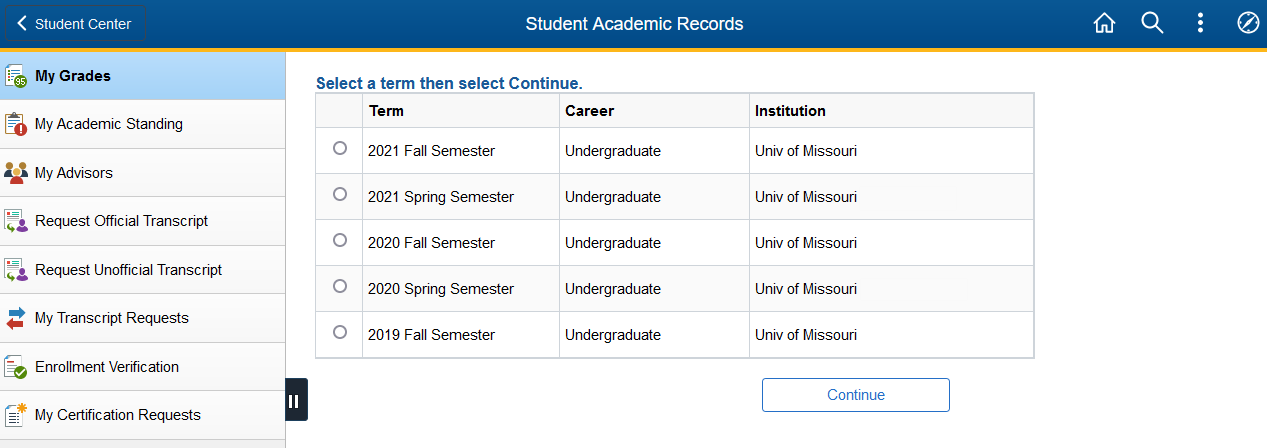 screenshot of academic records module