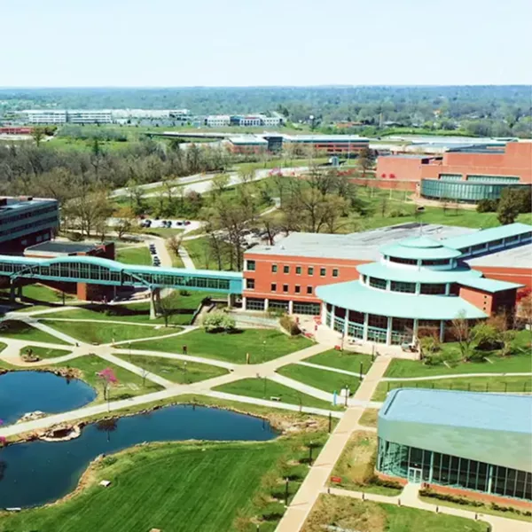 Aerial of UMSL campus overlooking Millennium Student Center