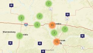 Segment of MO map showing health care resources in the Columbia area