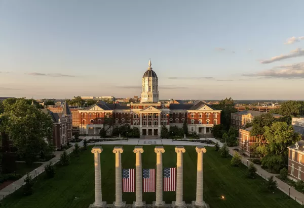 Drone image of Francis Quadrangle at Mizzou
