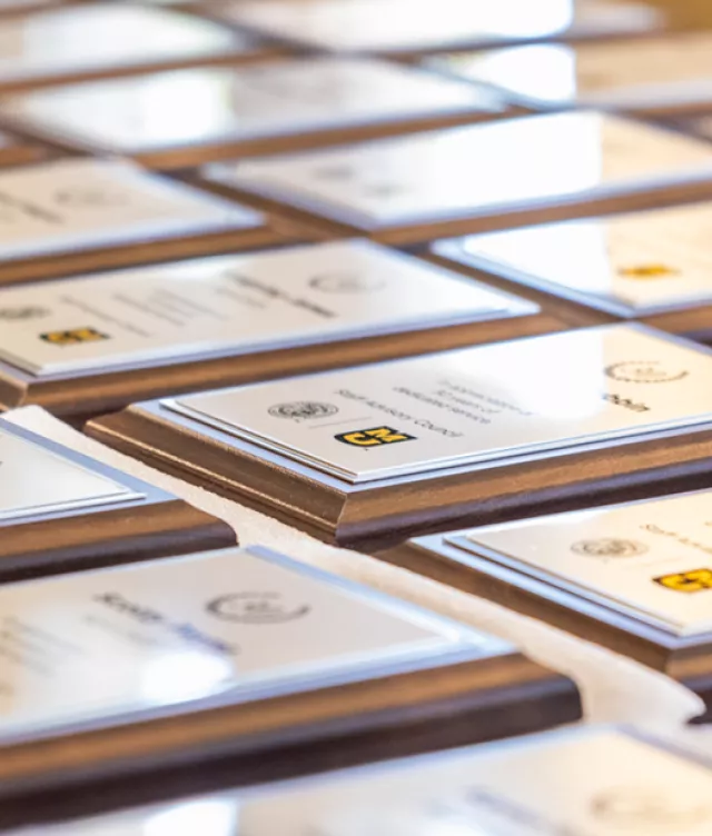 Close up view of staff recognition award plaques lined up in rows on a table
