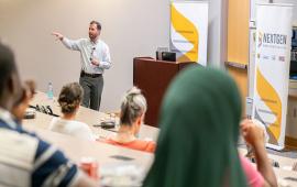 Professor Michael Nichols discusses his Alzheimer’s research during a talk last Wednesday as part of the NextGen Precision Health Discovery Series. (Photo by Derik Holtmann)