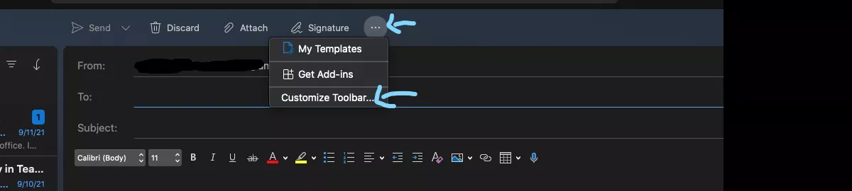 customize tool bar option in Mac email