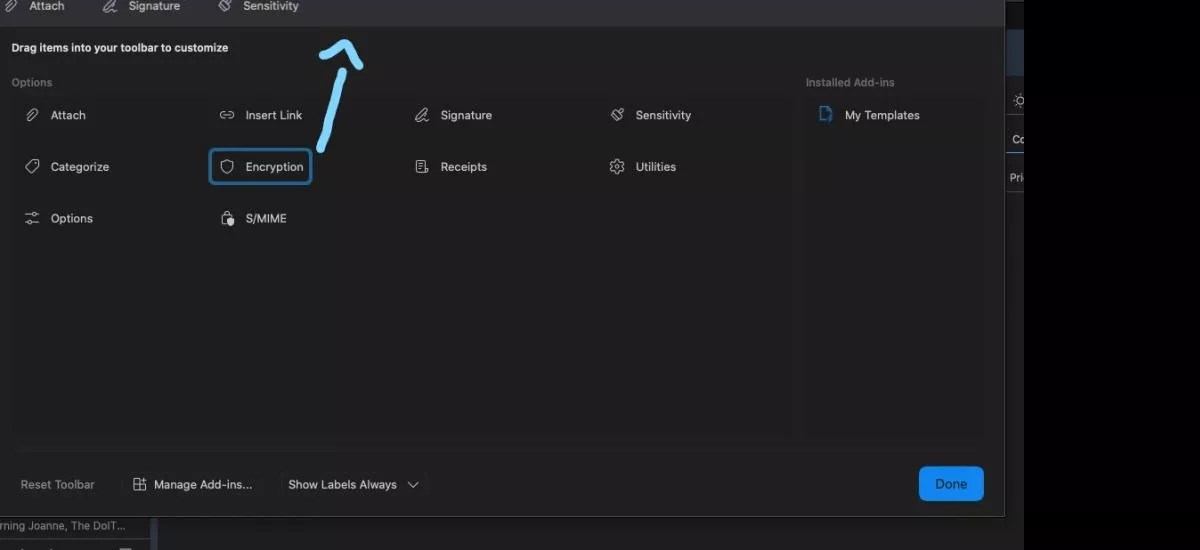Encryption option in Mac customize toolbar settings