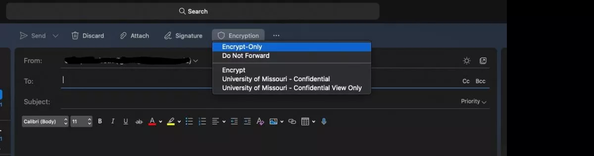 Drop down menu of encryption options on Mac