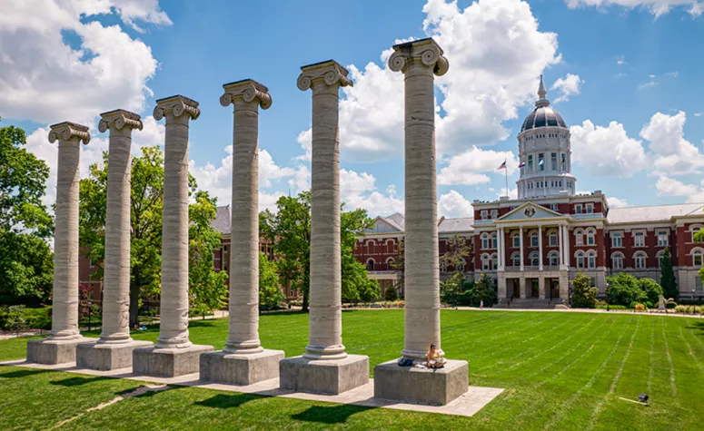 The columns on the Francis Quad on the Mizzou campus in front of Jesse Hall