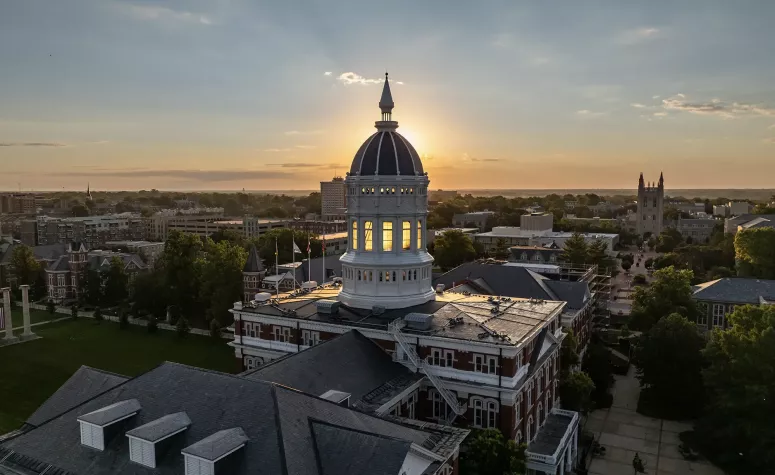Aerial shot of Jesse Hall at sunset