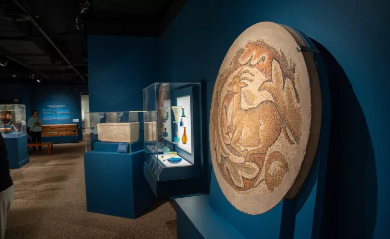 A round mosaic depicting a goat mounted on a deep blue wall of a museum