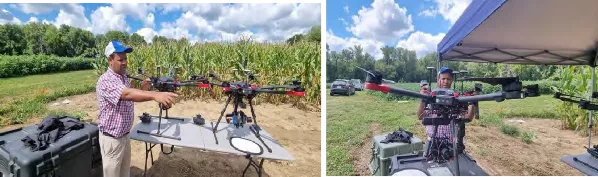 Hussein Shimelis checks over the data drones on a table in the field