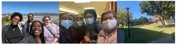 Jasmine posing with her research team at the beach and wearing masks inside a building. 