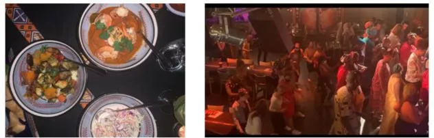 Food dishes on a table and people dancing at a party.
