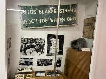 Display at a museum of photos and artifacts from the anti-apartheid movement. 