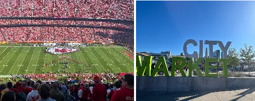 View of the field from the stands at the Kansas City Chiefs stadium; City Market sign
