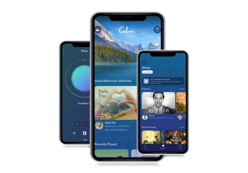 Three cell phones slightly overlapping with different screens of the Calm app pictures on each.