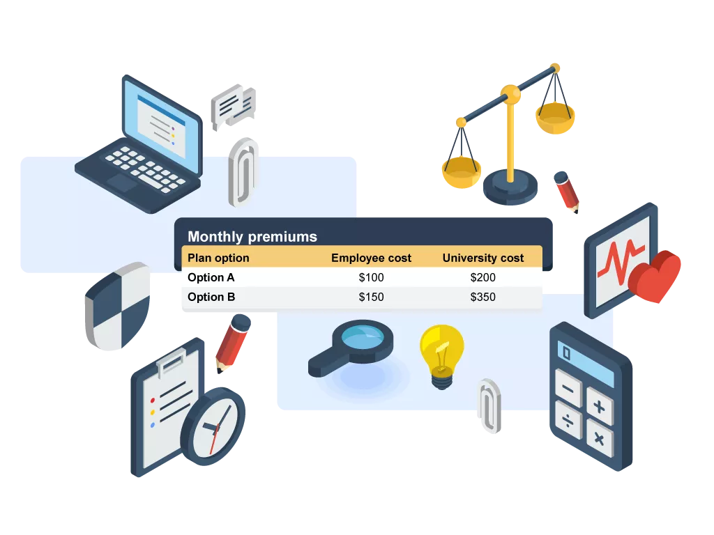 Group of icons relating to insurance comparison; a generic chart titled "Monthly Premiums" with rows for "Option A" and "Option B" surrounded by paper clips, health chart, clipboard, clock, shield, computer, scales, pencils, lightbulb, magnifying glass, calculator 