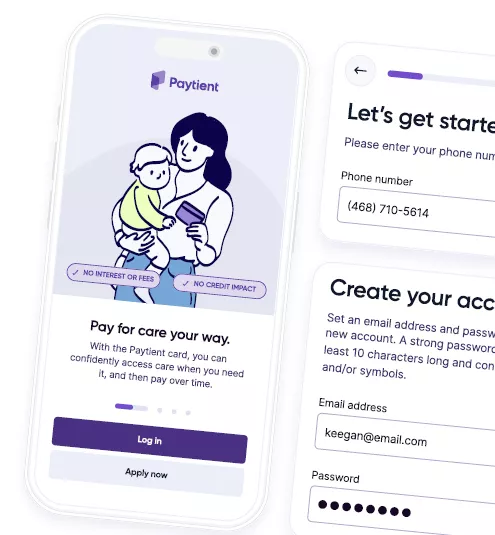 Cell phone and form panes to "pay for care your way"; "let's get started" and "create your account"