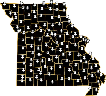 Missouri graphic showing pushpins in all counties of the state