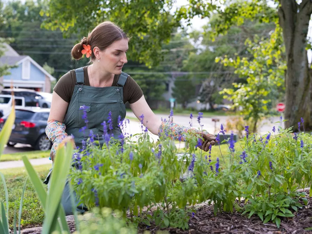 Natasha tends to her garden at her home in Columbia in 2025. Photo by Harper Snyder.