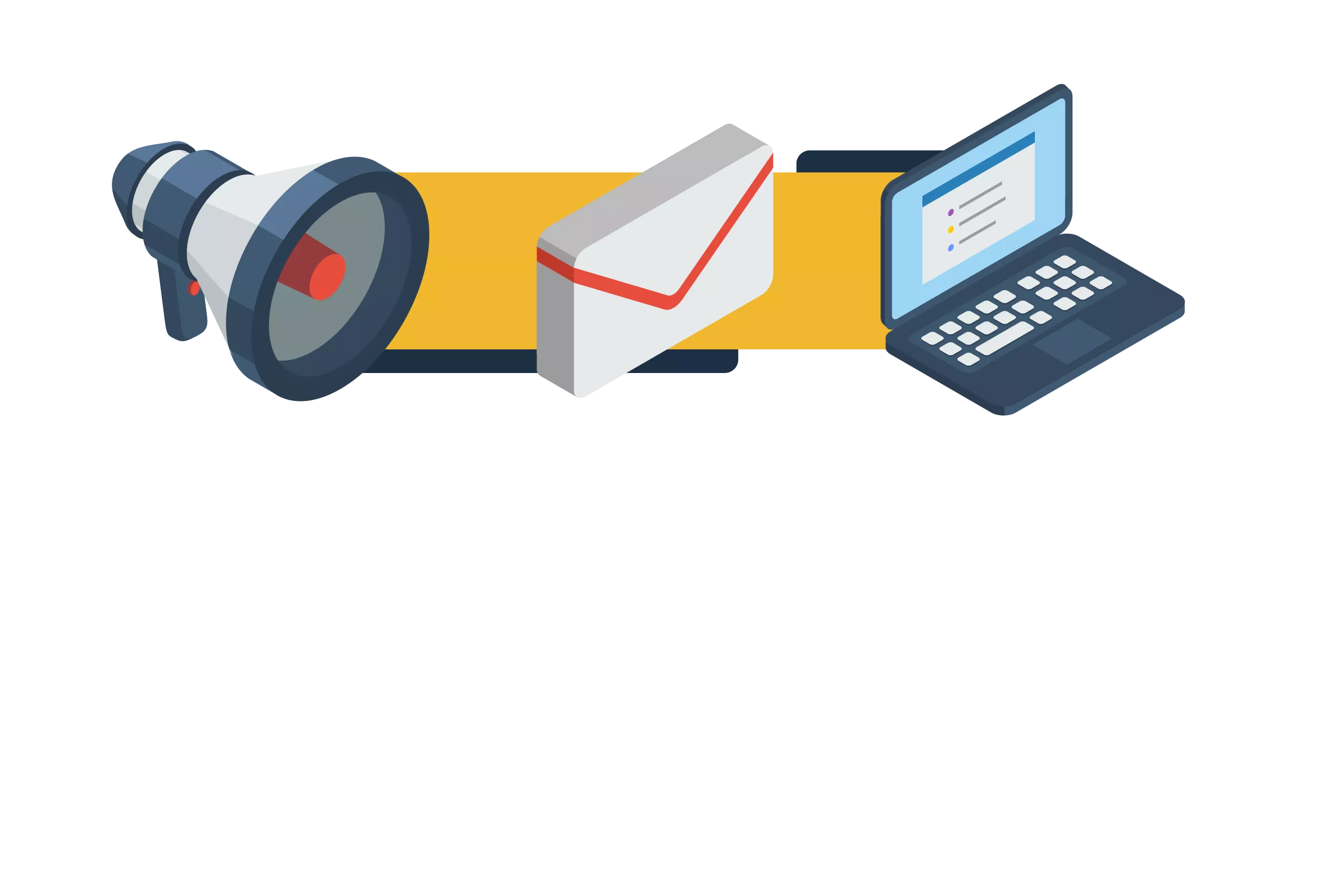 Series of icons, including a megaphone, envelope and laptop computer
