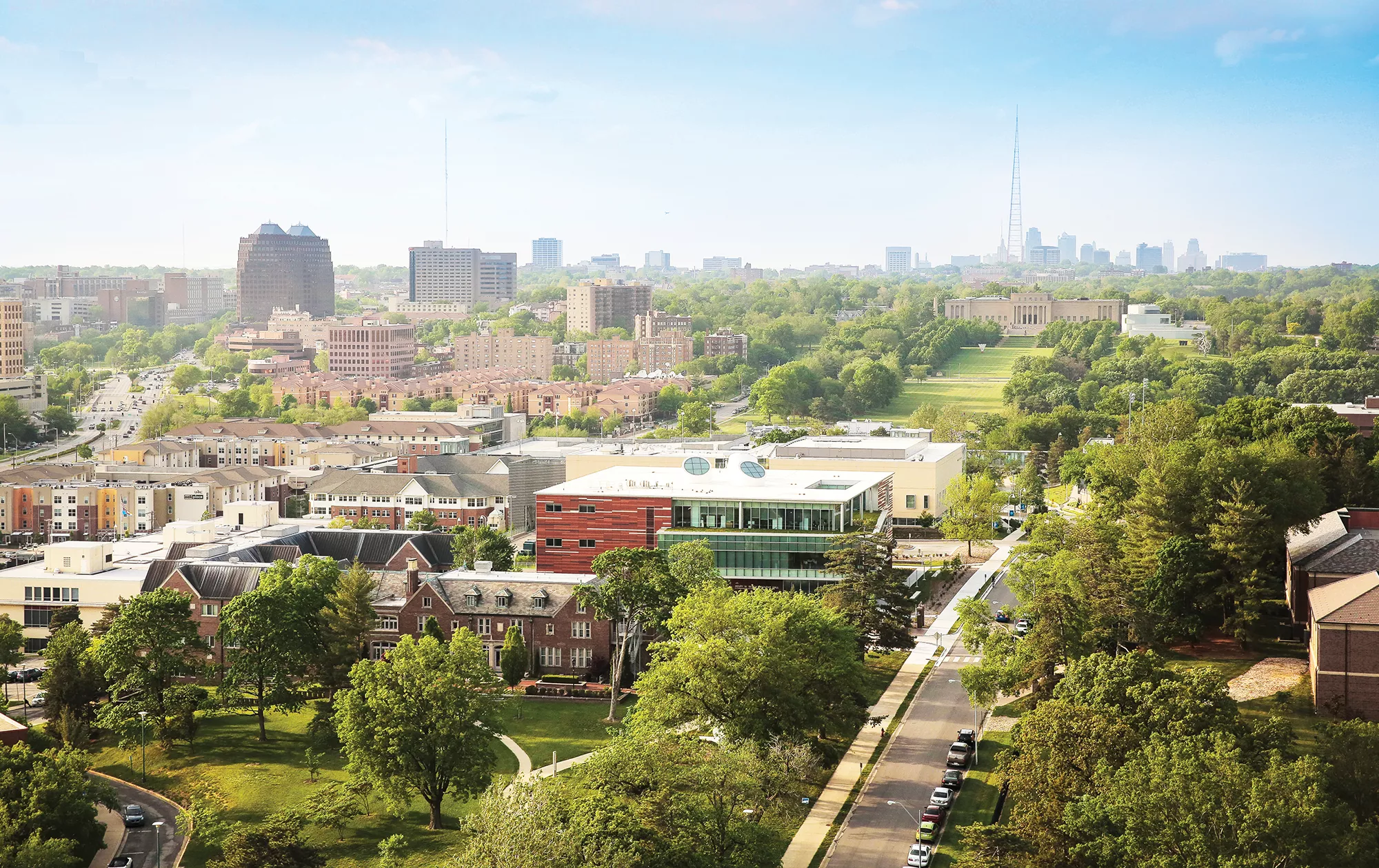 Aerial view of downtown Kansas City and the UMKC campus