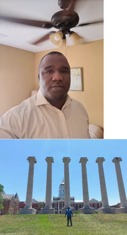 A photo from within the room, and then a photo in front of the Mizzou columns