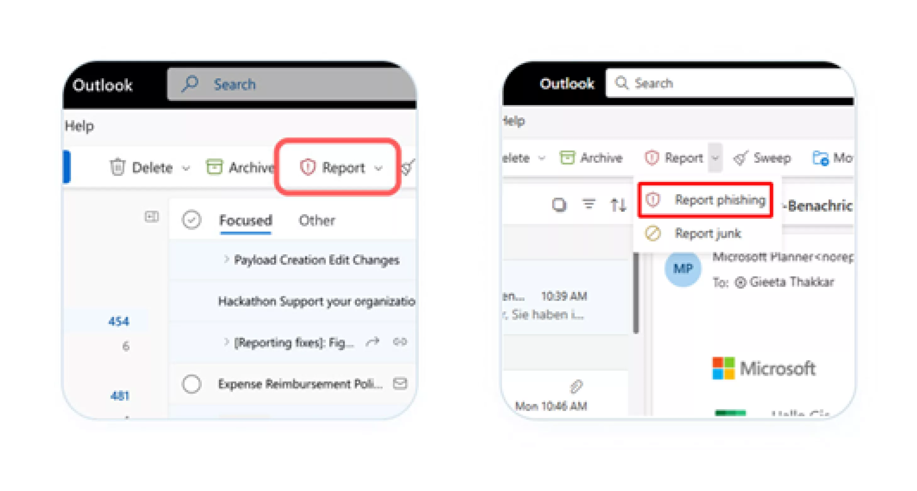 Report button selected in the ribbon of Outlook on the web