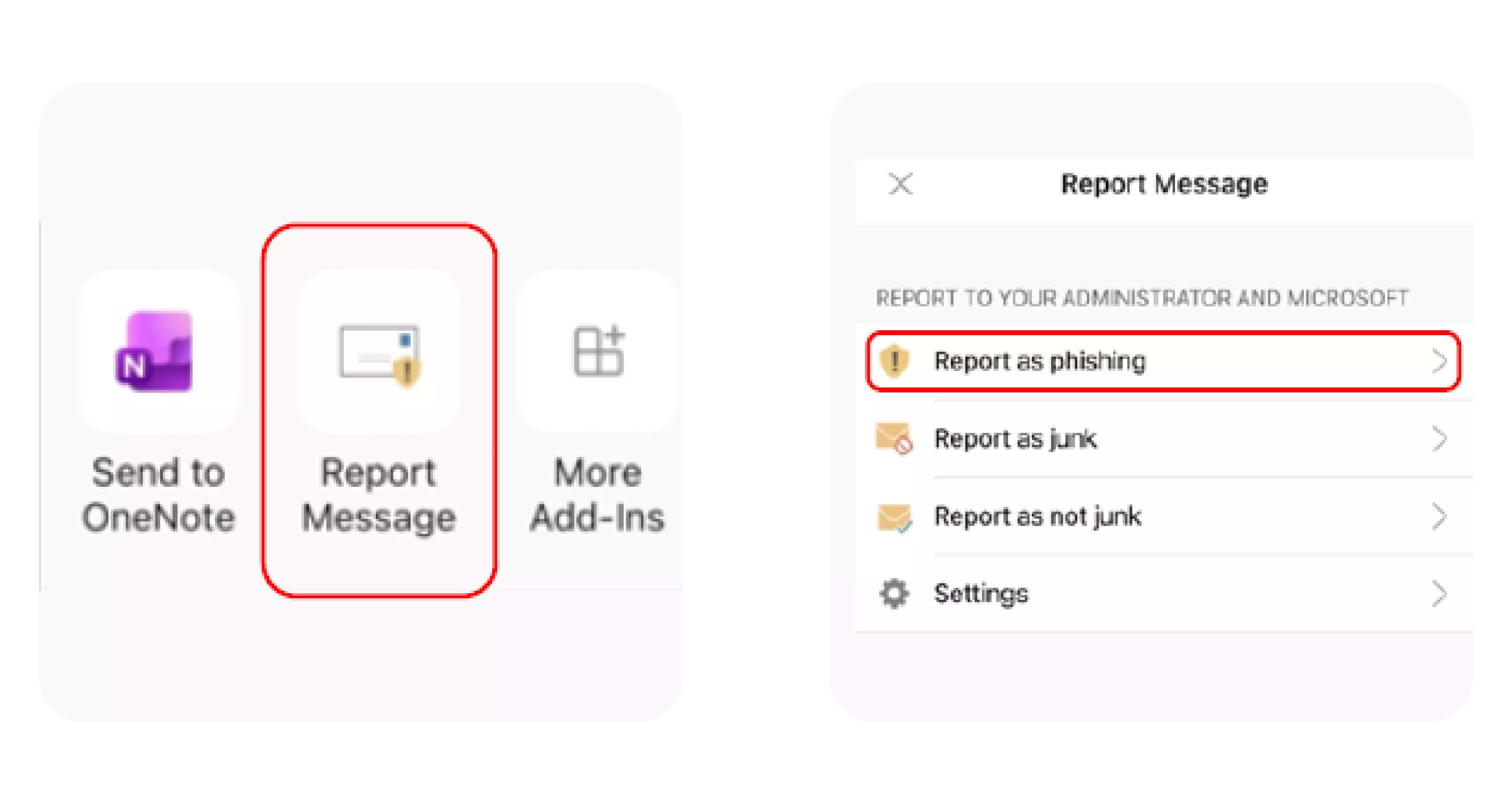 Report message button selected in the ribbon of Outlook on a mobile device and Microsoft Outlook report as phishing menu item