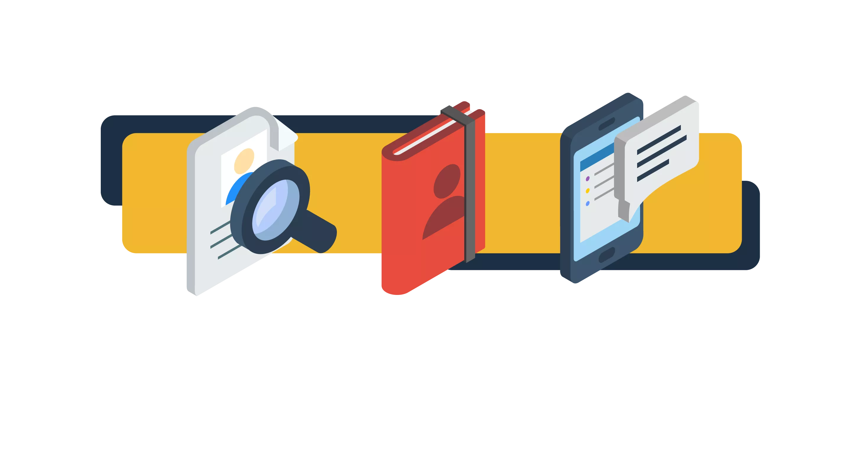 Icons related to contacts, including paper with magnifying glass, directory book and cell phone with chat bubble