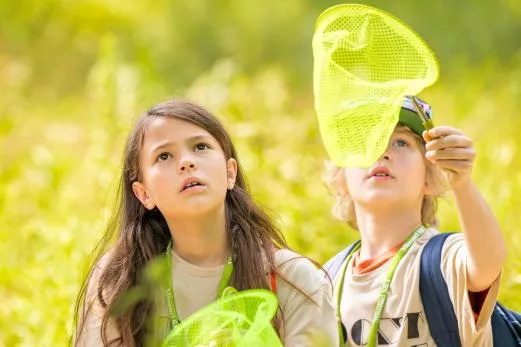 two young children with bug catcher nets in a field