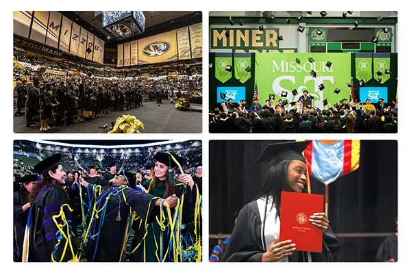 A collage of commencement images from UMSL, UMKC, Mizzou and Missouri S&T